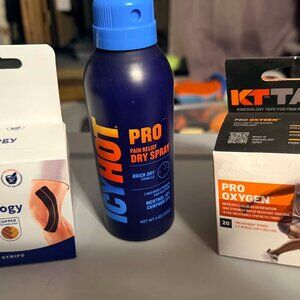Pain Relief BUNDLE - 1 Icy Hot Spray & 2 Kinesiology Tape Rolls - BRAND NEW
